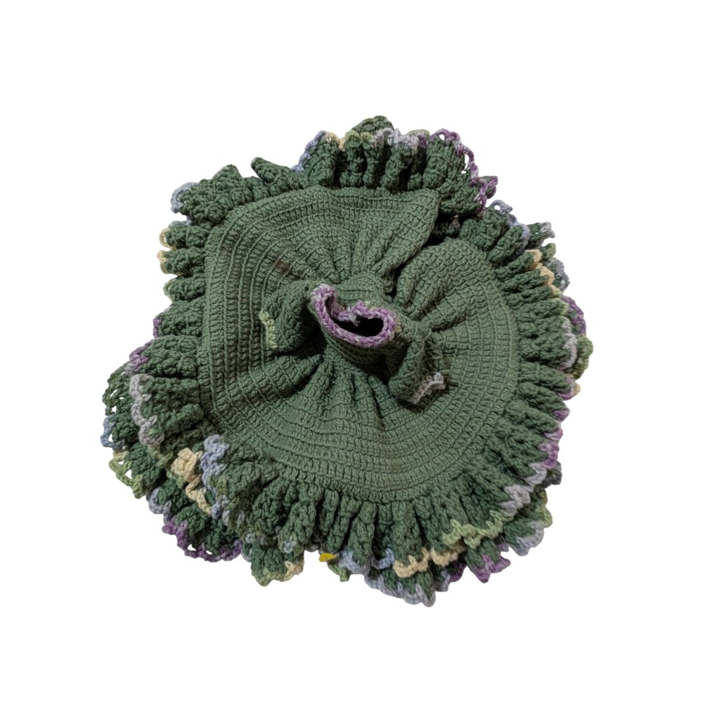 Vintage Handmade Crochet Doll Dress Green Ruffled Knit Skirt 21 Inch Diameter